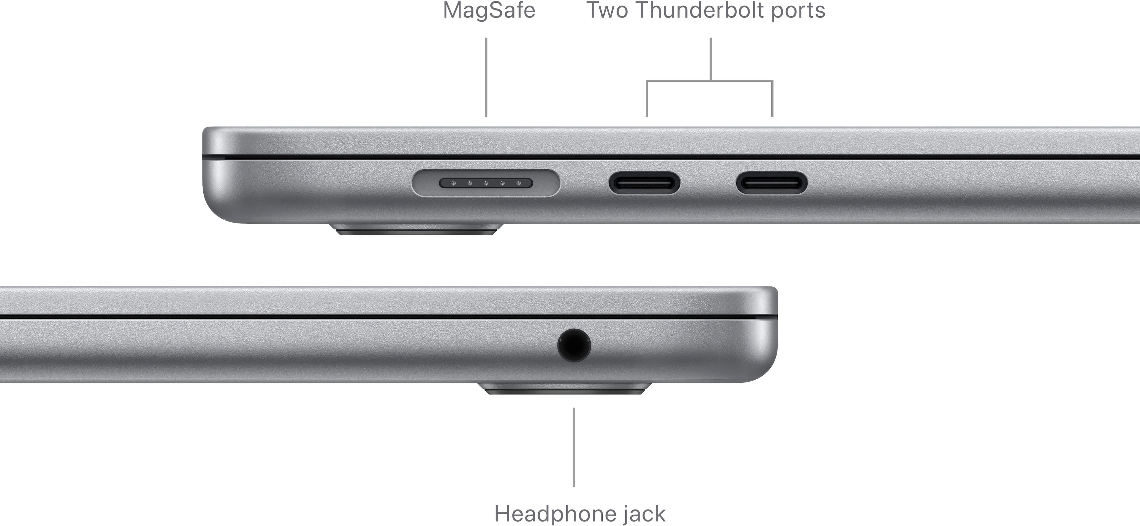 The image features a laptop computer with a MagSafe Two Thunderbolt ports and a headphone jack. The laptop is shown in a close-up view, highlighting its design and features. The MagSafe Two Thunderbolt ports are likely used for connecting external devices and charging the laptop, while the headphone jack allows for the use of headphones or external speakers.