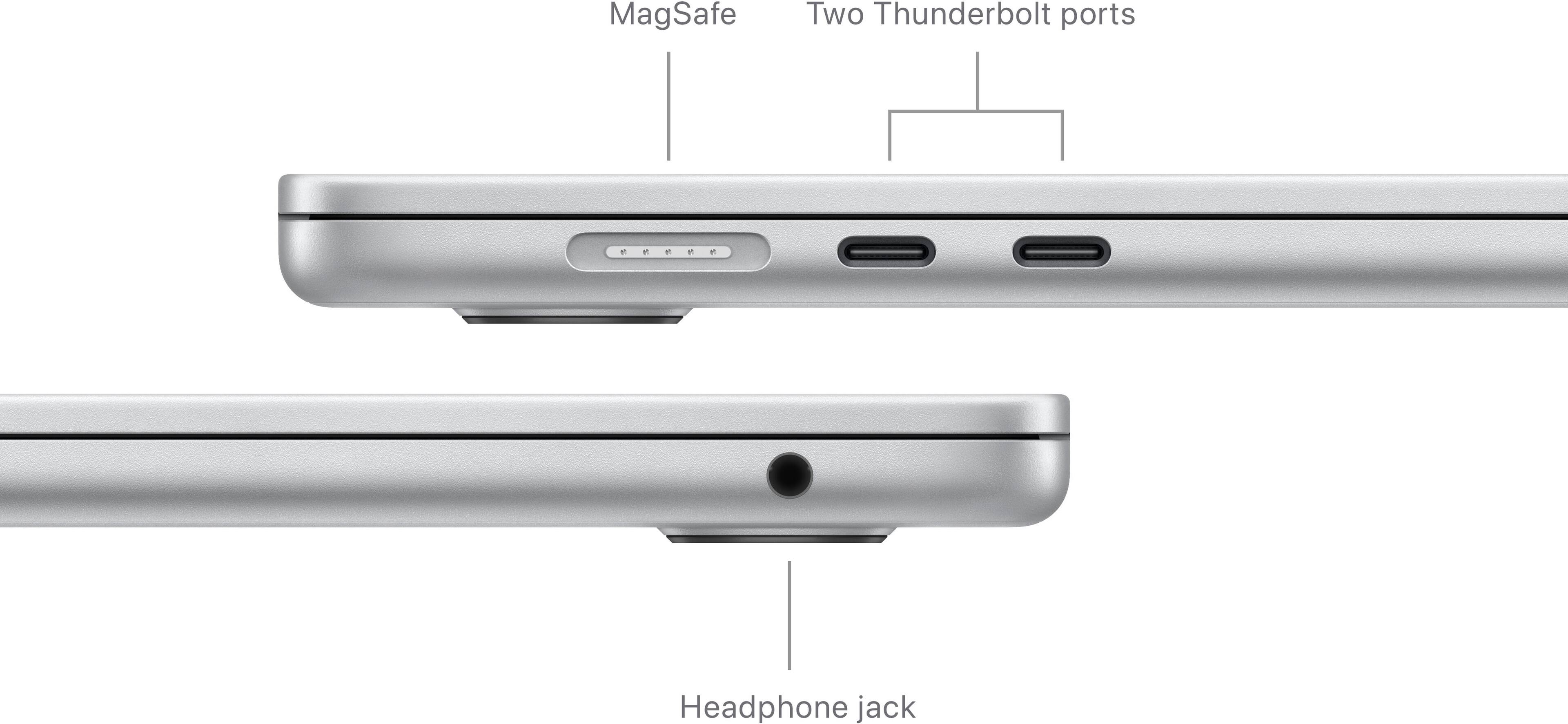 The image shows a laptop computer with a MagSafe Two Thunderbolt ports and a headphone jack. The laptop is open, revealing its internal components. The MagSafe Two Thunderbolt ports are located on the left side of the laptop, while the headphone jack is situated on the right side. The laptop is designed to provide a secure and convenient connection for peripherals and accessories.