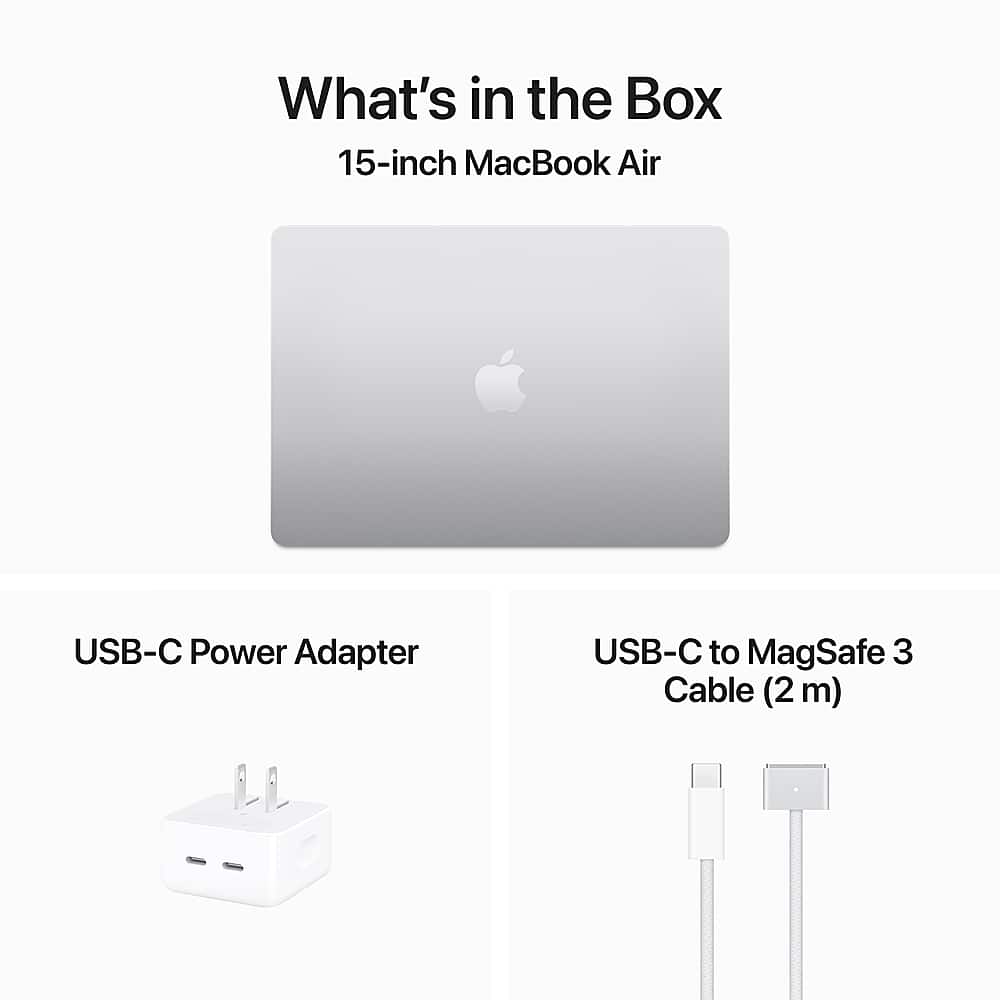 The image features a white 15-inch MacBook Air laptop computer, which comes with a USB-C Power Adapter and a USB-C to MagSafe 3 Cable. The laptop is displayed in a box, which is likely the packaging it was shipped in. The USB-C Power Adapter is designed to provide power to the laptop, while the USB-C to MagSafe 3 Cable is used for connecting peripherals or charging other devices.