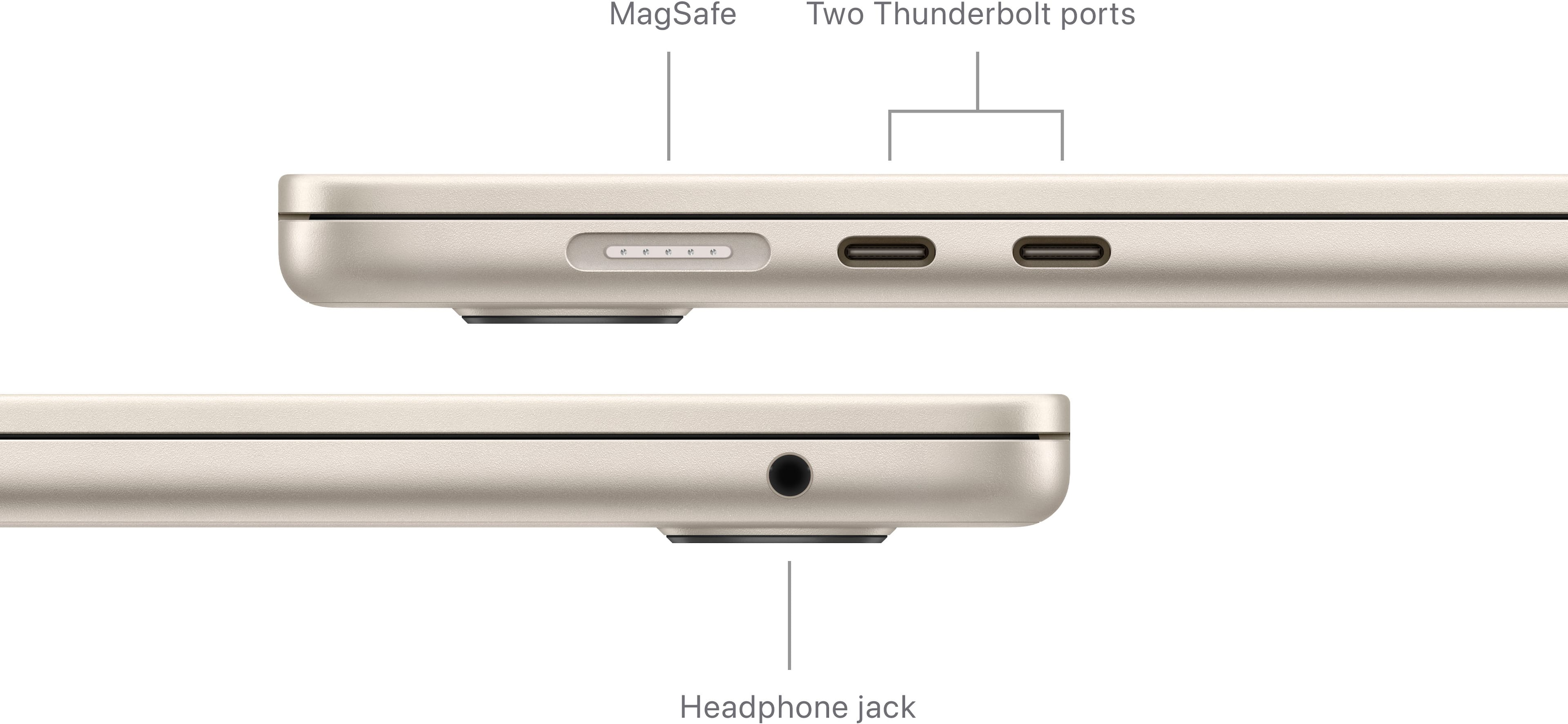 The image shows a laptop computer with a MagSafe Two Thunderbolt ports and a headphone jack. The laptop is described as having a MagSafe Two Thunderbolt ports and a headphone jack, which are essential features for connectivity and audio output. The image provides a clear view of these components, making it easy to understand their functions and importance in the laptop's design.