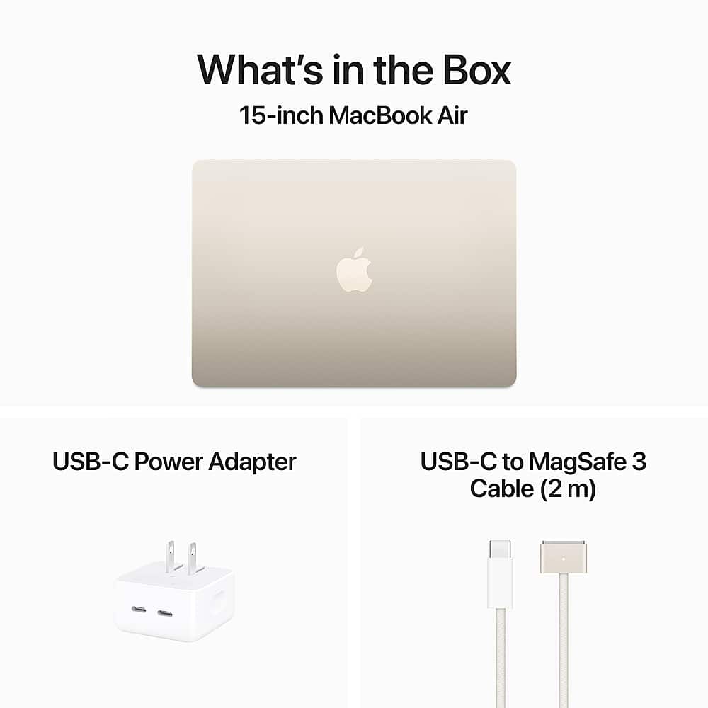 What's in the Box: 15-inch MacBook Air, USB-C Power Adapter, USB-C to MagSafe 3 Cable (2m)