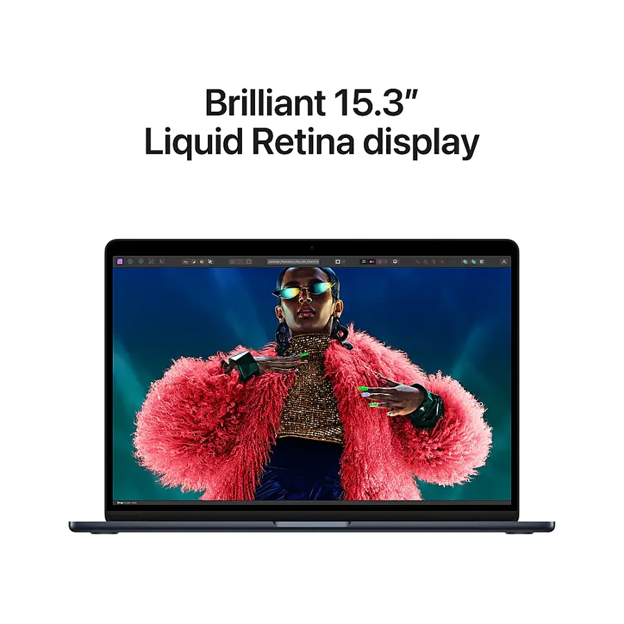 The image features a laptop computer with a large screen, which is described as a "Brilliant 15.3" Liquid Retina display." The laptop has a pink fur coat on the woman displayed on the screen, and the screen is surrounded by a black frame. The laptop is positioned on a desk, and the woman is wearing sunglasses in the image.