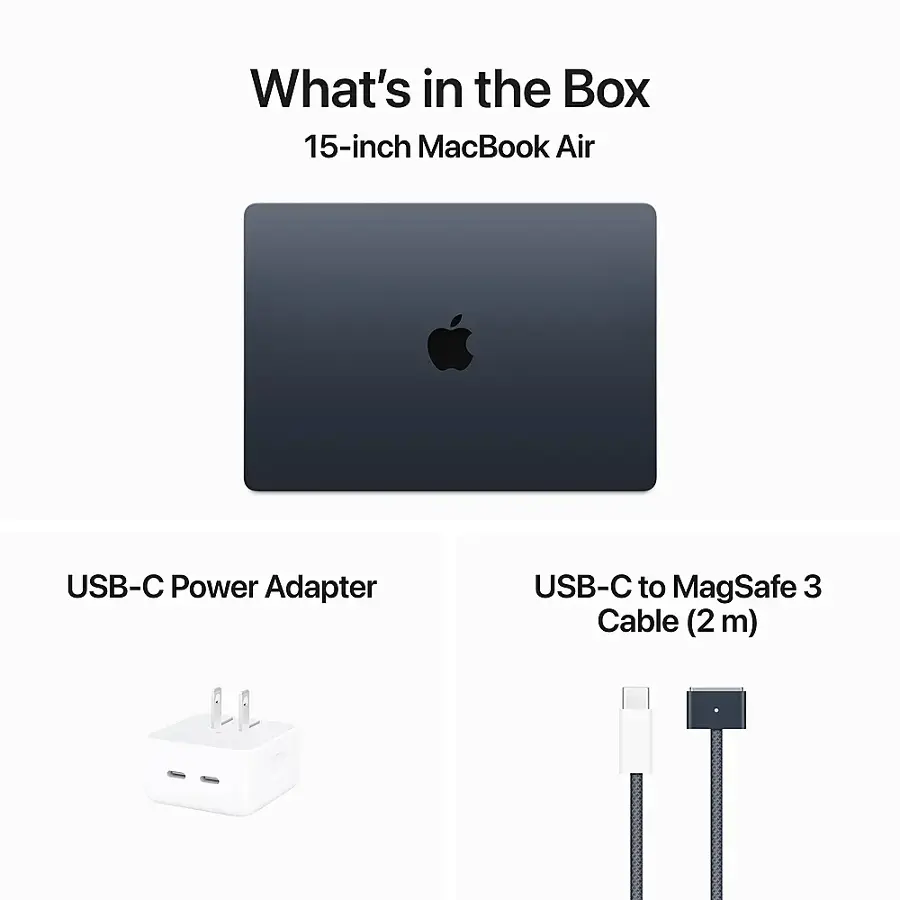 What's in the Box: 15-inch MacBook Air, USB-C Power Adapter, USB-C to MagSafe 3 Cable (2m).