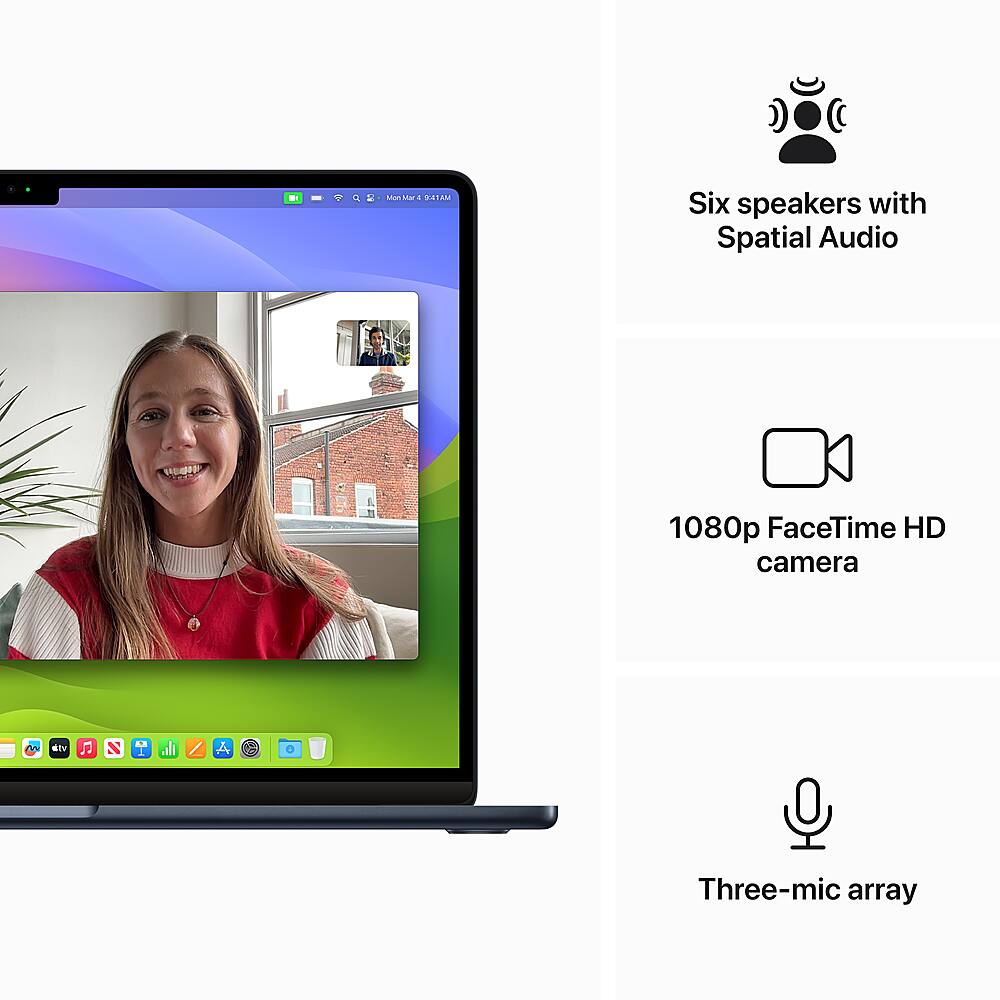 The image features a laptop computer with a woman's face displayed on the screen. The laptop is equipped with six speakers and spatial audio, providing an enhanced audio experience. Additionally, the laptop has a 1080p FaceTime HD camera, allowing for high-quality video calls. The laptop also has a three-mic array, which helps to improve the quality of voice and video calls.