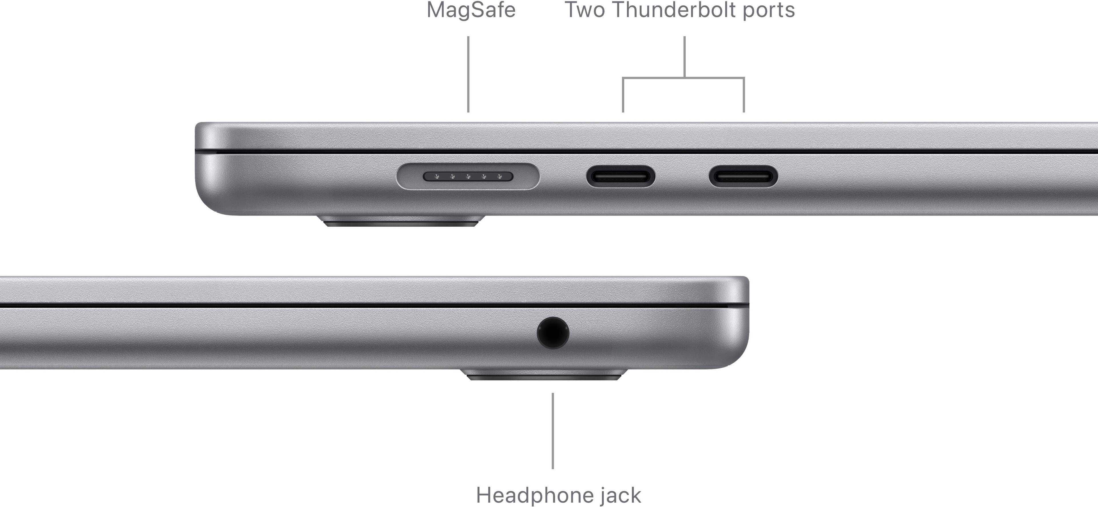 The image features a laptop computer with a MagSafe Two Thunderbolt ports and a headphone jack. The laptop is shown in a close-up view, highlighting its design and features. The MagSafe Two Thunderbolt ports are likely used for connecting external devices and charging the laptop, while the headphone jack allows for the use of headphones or external speakers.