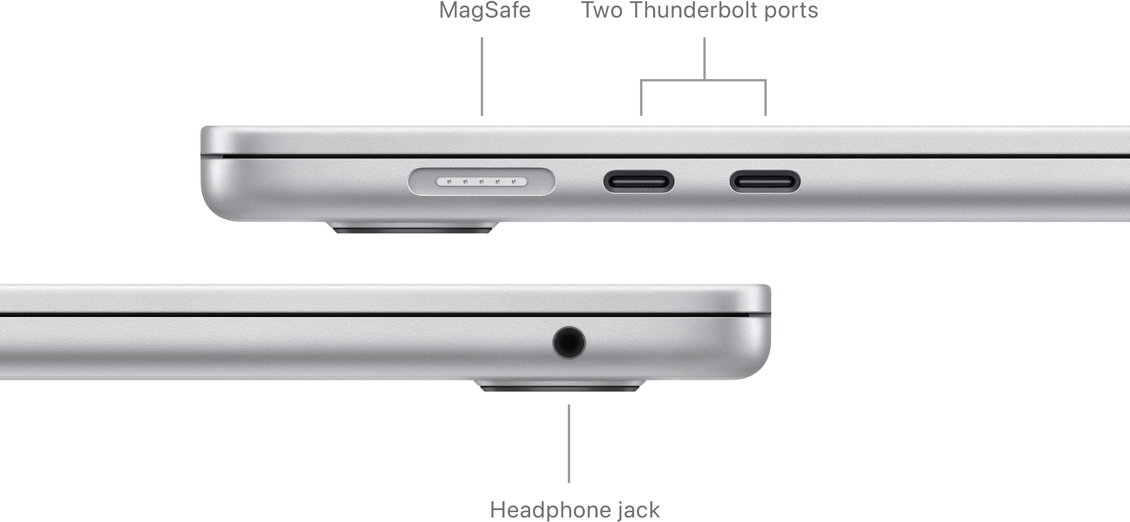 The image shows a laptop computer with a MagSafe Two Thunderbolt ports and a headphone jack. The laptop is open, revealing its internal components. The MagSafe Two Thunderbolt ports are located on the left side of the laptop, while the headphone jack is situated on the right side. The laptop is designed to provide a secure and convenient connection for peripherals and accessories.