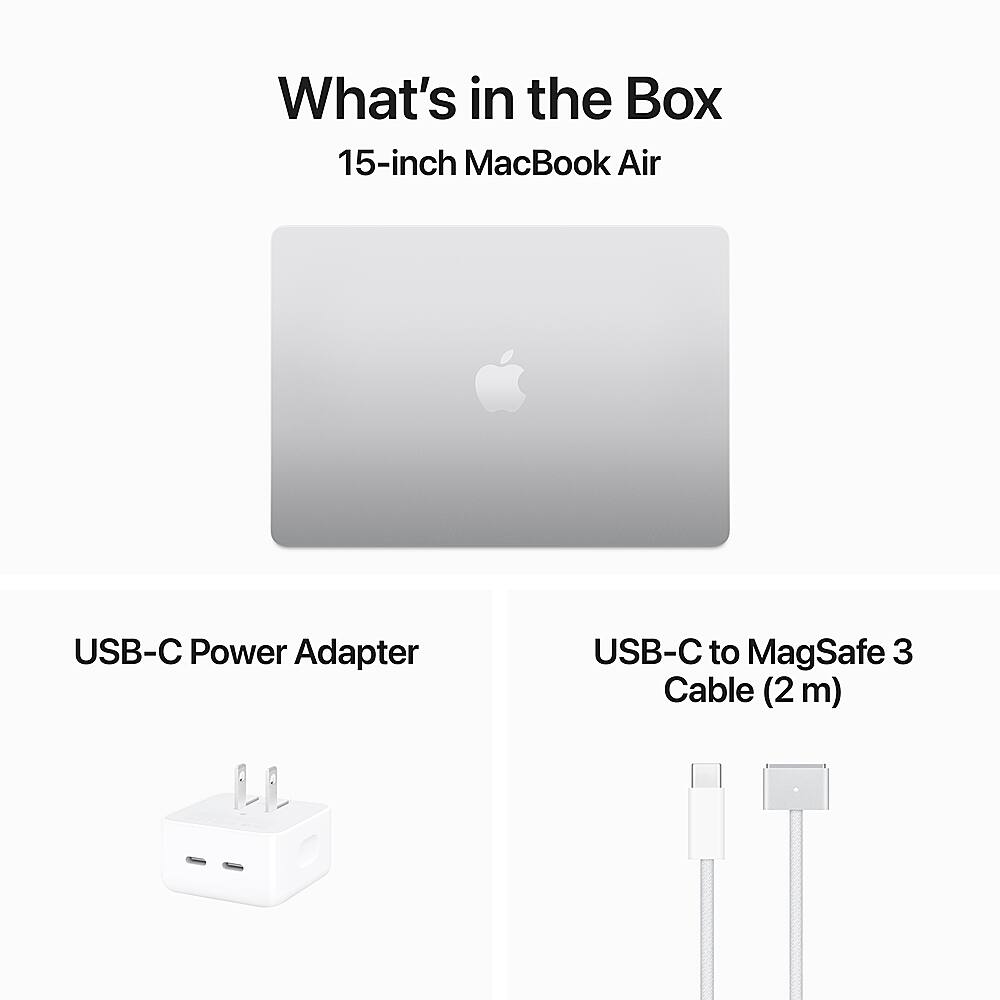 The image features a white 15-inch MacBook Air laptop computer, which comes with a USB-C Power Adapter and a USB-C to MagSafe 3 Cable. The laptop is displayed in a box, which is likely the packaging it was shipped in. The USB-C Power Adapter is designed to provide power to the laptop, while the USB-C to MagSafe 3 Cable is used for connecting peripherals or charging other devices.