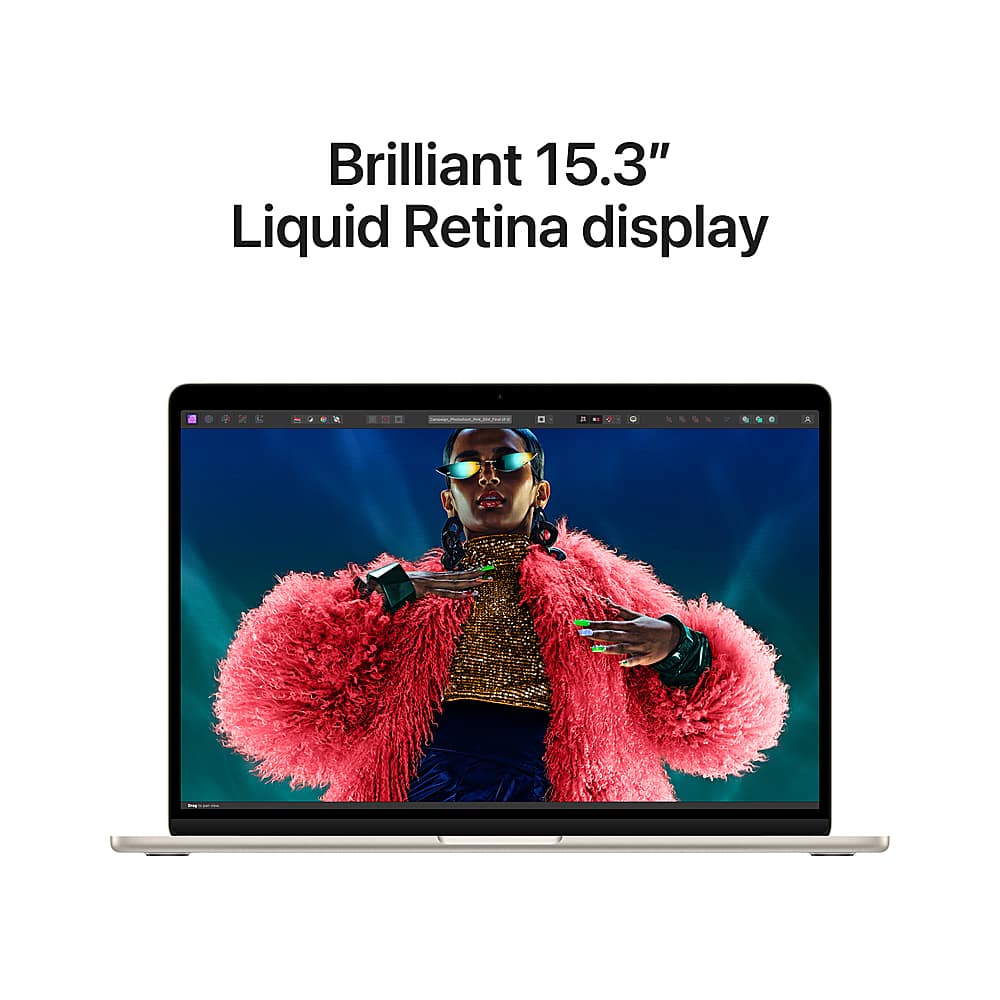 The image features a laptop computer with a large 15.3-inch Liquid Retina display. The laptop is open and turned on, showcasing a vibrant and colorful image on the screen. The display is likely to provide a high-quality visual experience for the user.