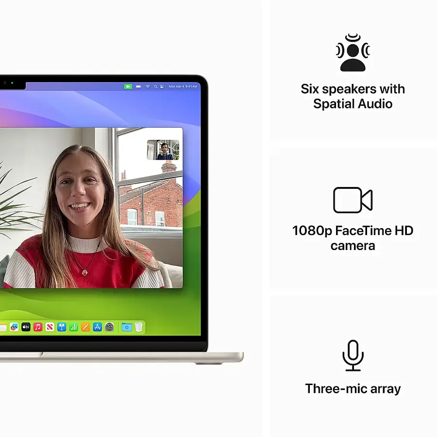 The image features a laptop computer with a woman's face displayed on the screen. The laptop has a three-mic array and a 1080p FaceTime HD camera. It also has six speakers with Spatial Audio, which enhances the audio experience for the user. The laptop is open and ready for use, showcasing its various features and capabilities.