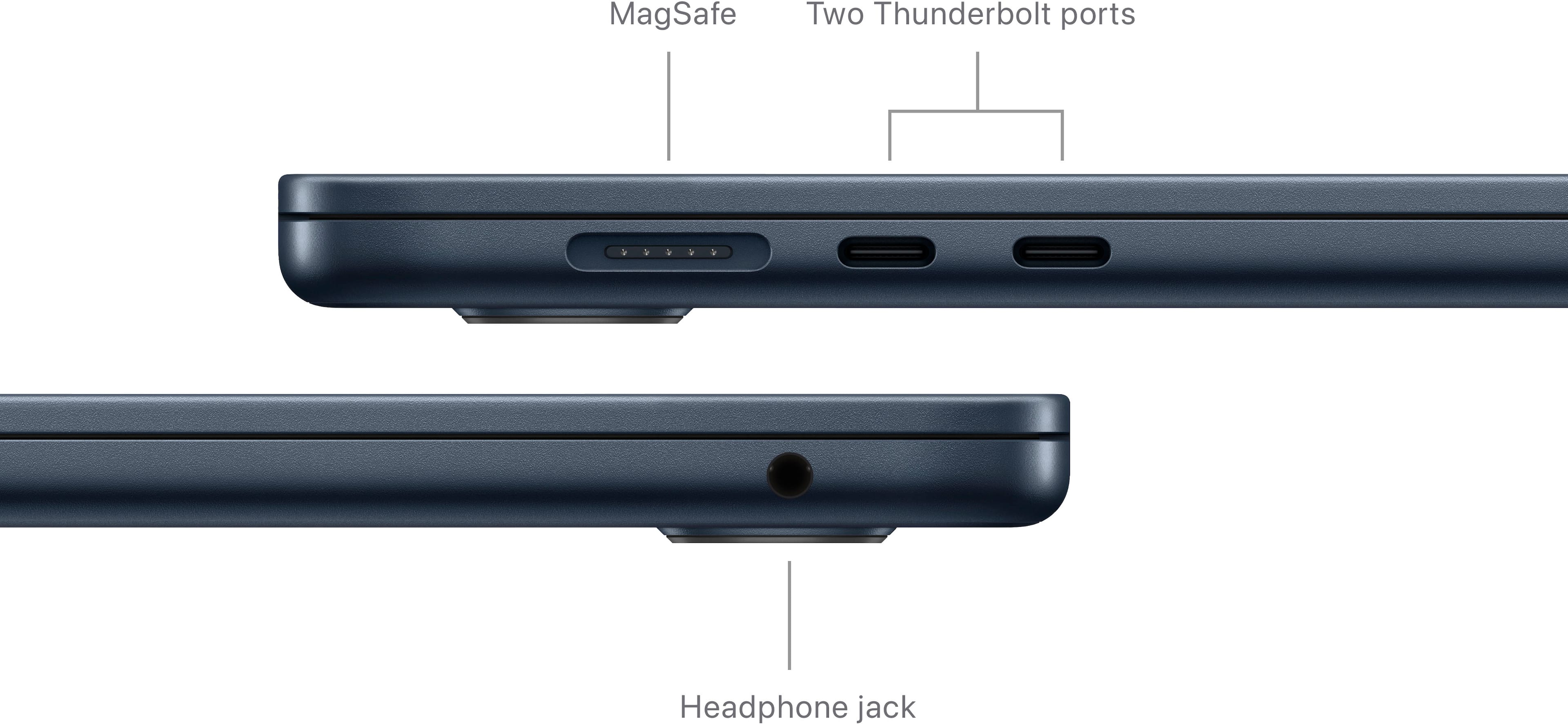 The image features a laptop computer with a MagSafe Two Thunderbolt ports and a headphone jack. The laptop is shown in a close-up view, highlighting its components.