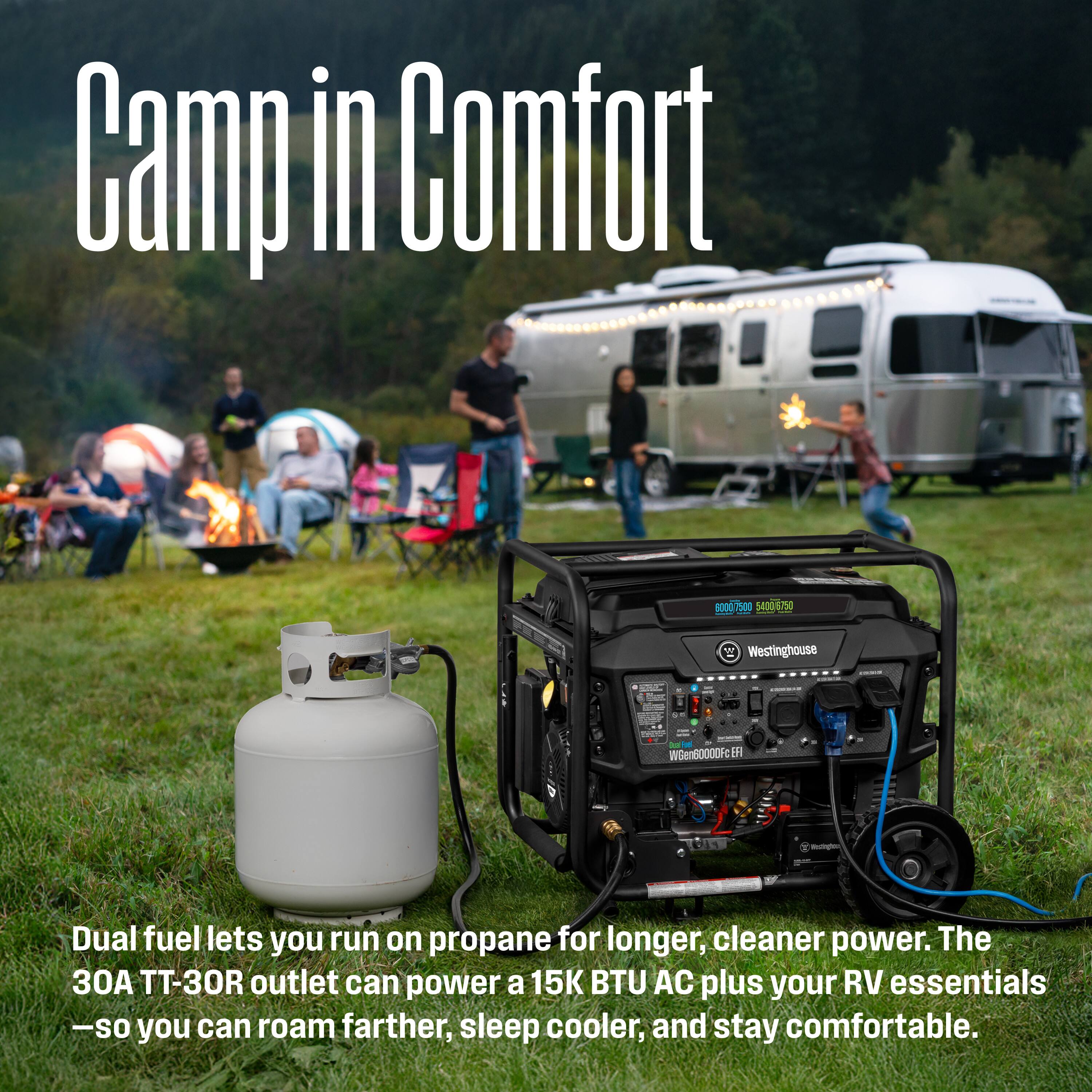 Camp in Comfort

Dual fuel lets you run on propane for longer, cleaner power. The 30A TT-30R outlet can power a 15K BTU AC plus your RV essentials - so you can roam farther, sleep cooler, and stay comfortable.