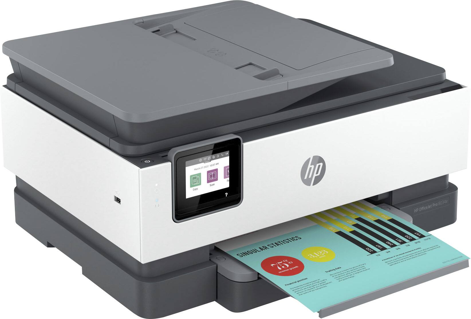 Left. HP - OfficeJet Pro 8034e Wireless All-In-One Inkjet Printer - Refurbished - White.