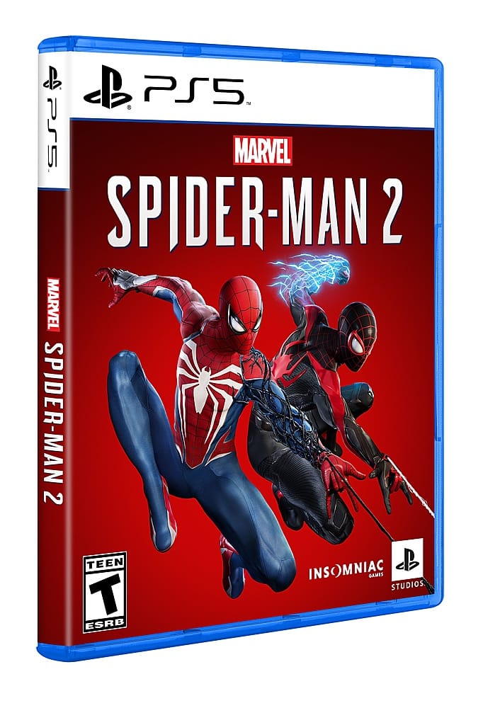 The image features a blue and red video game cover for Marvel Spider-Man 2, which is available on the PlayStation 5. The cover showcases two characters, Spider-Man and Black Cat, in action. The game is rated Teen by the ESRB.
