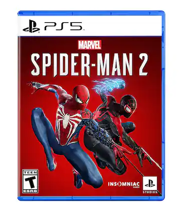 Marvel's Spider-Man 2 is a video game for the PlayStation 5 console, developed by Insomniac Games Studios. The game features a red and blue Spider-Man character on the cover, and it is rated Teen by the ESRB. - T (Teen 13+)