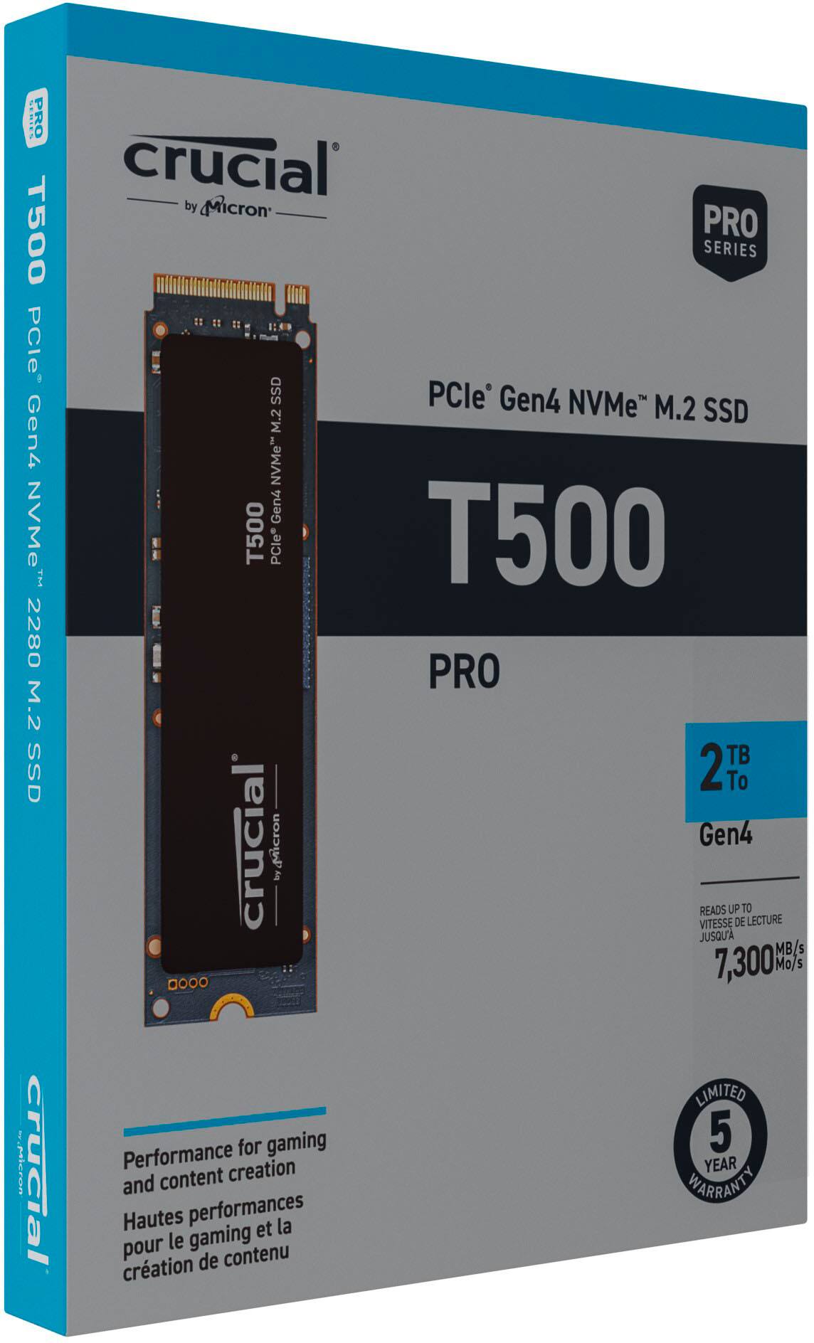 The text on the image reads: "LERTES PRO crucial by Micron PRO T500 SERIES PCle SSD PCle Gen4 NVMe M.2 SSD M.2 Gen4 NVMe T500 PCle T500 TM 2280 PRO M.2 TB SSD 2 To crucial Micron by VITESSE READS Gen4 UP DE TO LECTURE JUSQU' MB 7400M Mo/s S LIMITED S.Micron Performance for gaming 5 crucial and pour Hautes content le performances gaming de contenu creation et la WARRANTY YEAR cration."