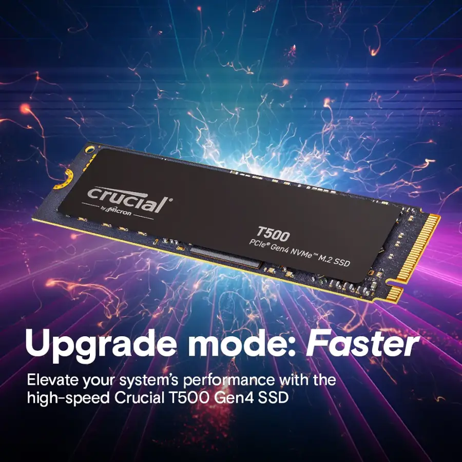 Crucial by Micron PCle T500 Gen4 NVMe M.2 SSD Upgrade mode: Faster Elevate your system's performance with the high-speed Crucial T500 Gen4 SSD