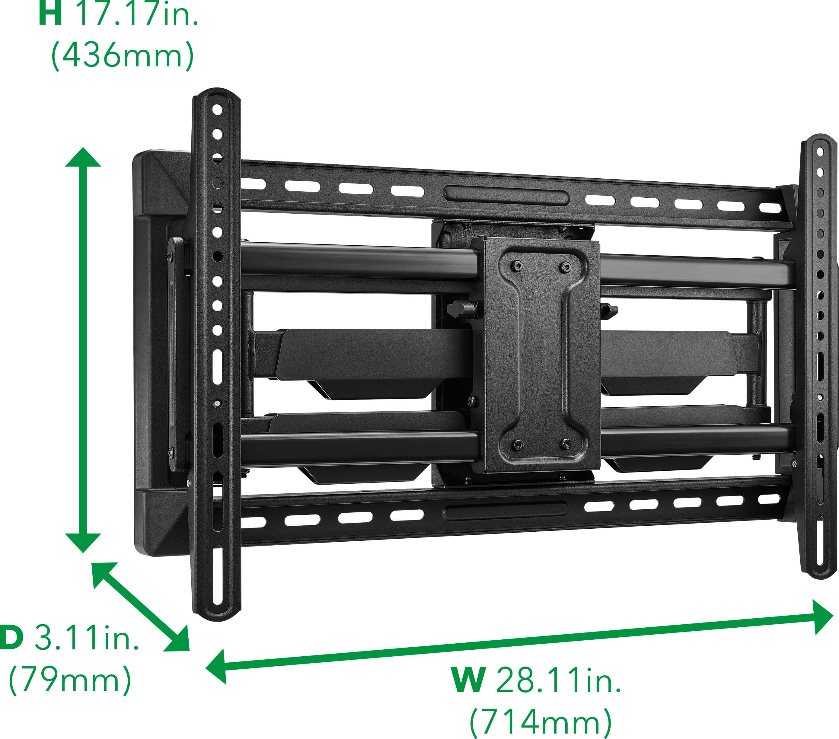 The image shows a black TV stand with dimensions of H 17.17in. (436mm), D 3.11in. (79mm), and W 28.11in. (714mm).