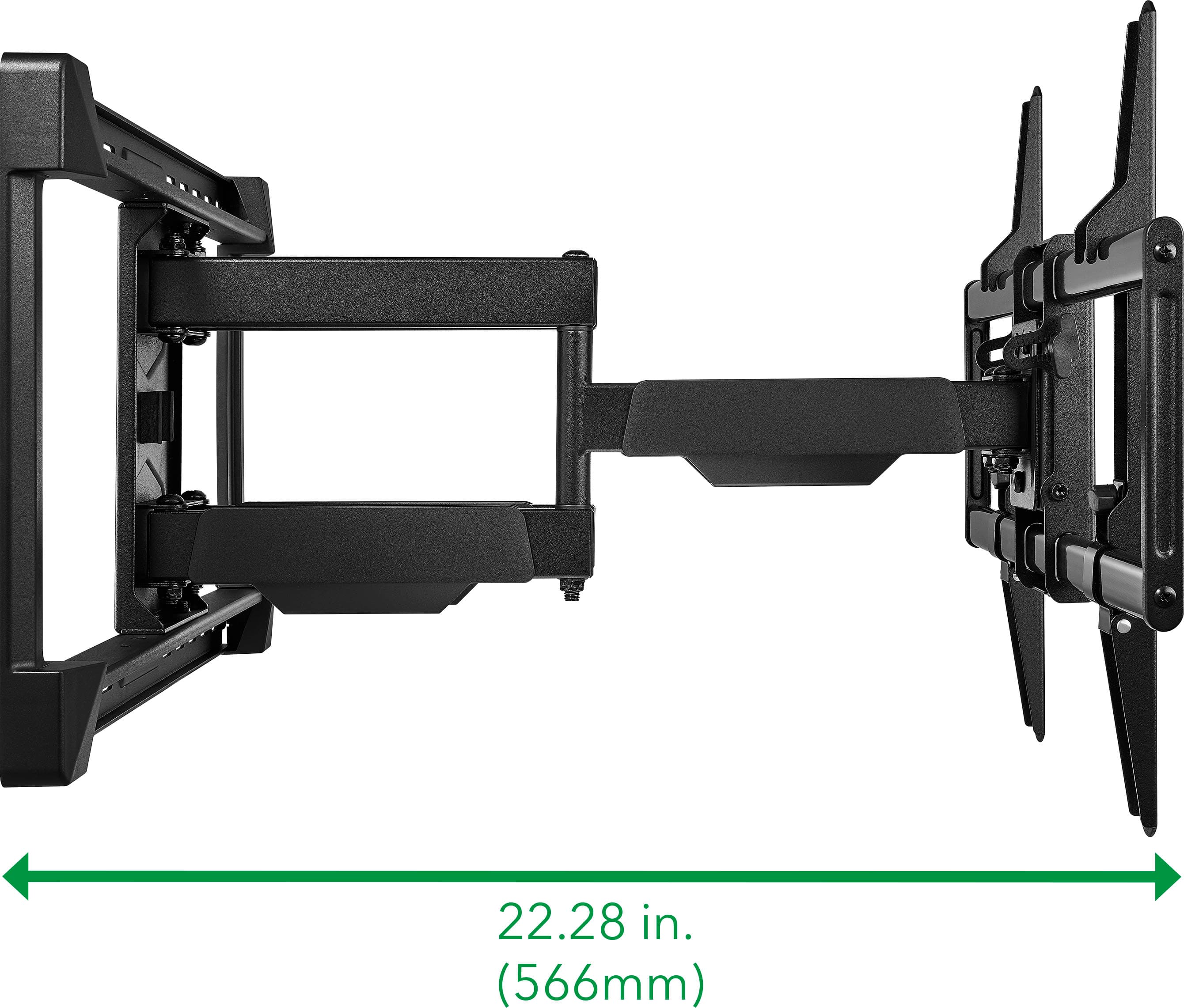 The image shows a black TV mount with a 22.28 inch (566mm) measurement.