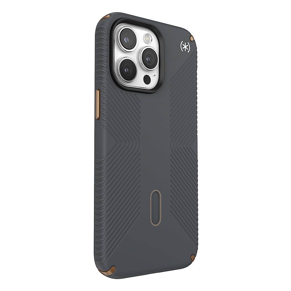 Angle. Speck - Presidio2 Grip ClickLock Case with MagSafe for Apple iPhone 15 Pro Max - Charcoal Gray.