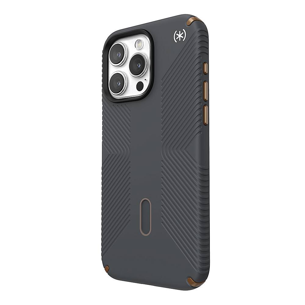 Left. Speck - Presidio2 Grip ClickLock Case with MagSafe for Apple iPhone 15 Pro Max - Charcoal Gray.