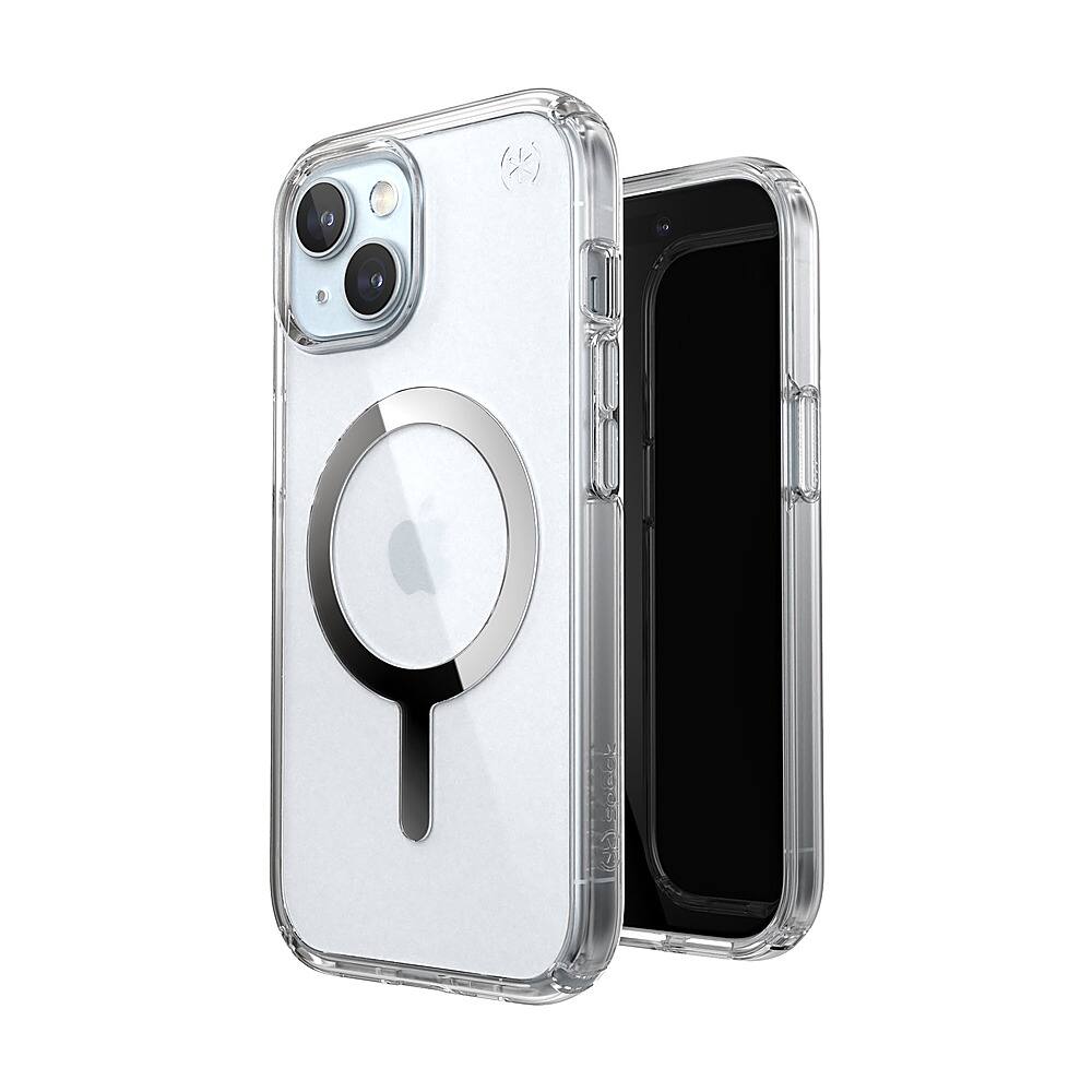 Angle. Speck - Presidio Perfect-Clear Case with MagSafe for Apple iPhone 15/14/13 - Clear/Chrome.