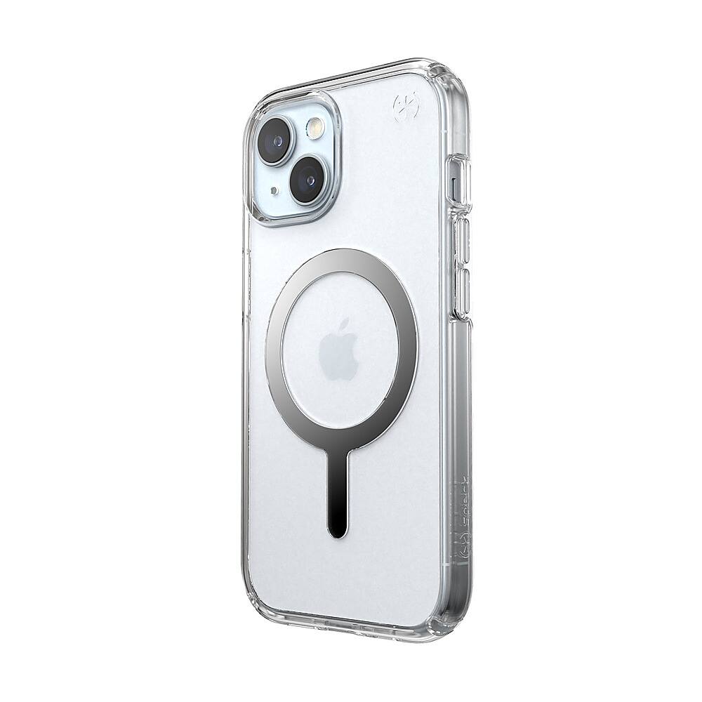 Left. Speck - Presidio Perfect-Clear Case with MagSafe for Apple iPhone 15/14/13 - Clear/Chrome.