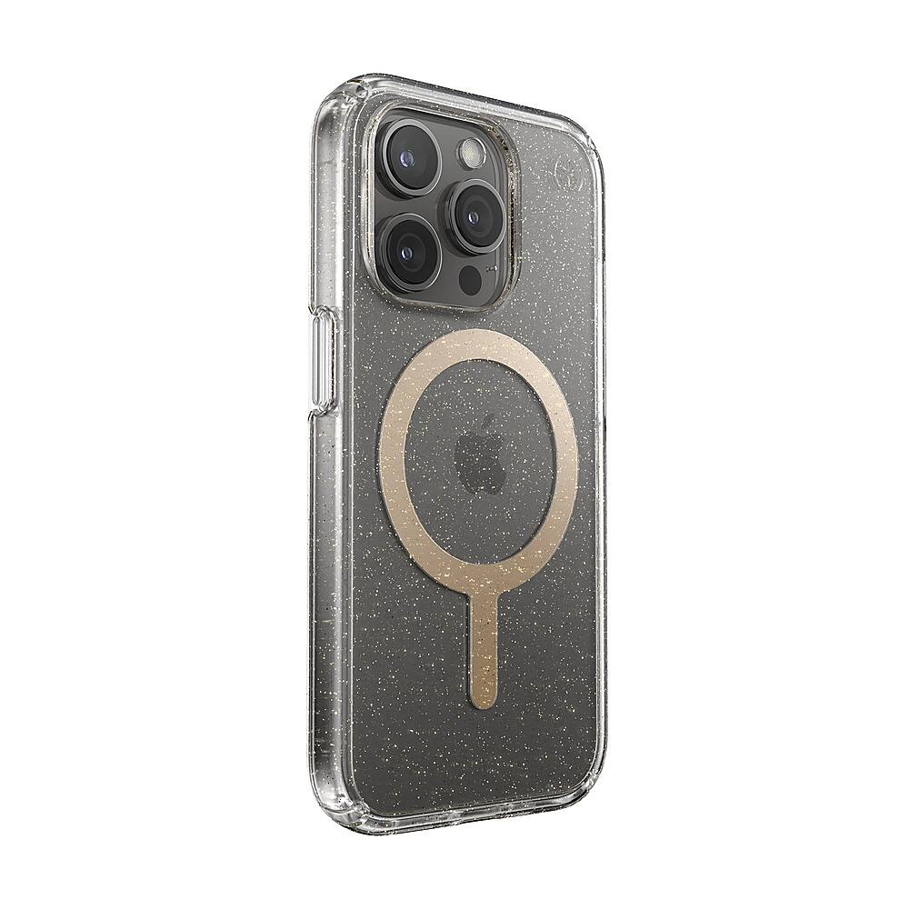 Angle. Speck - Presidio Lux Case with MagSafe for Apple iPhone 15 Pro - Clear/Gold Glitter.