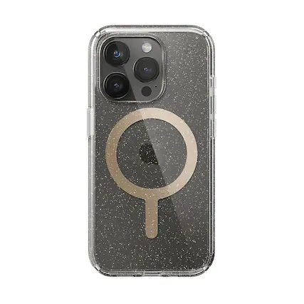 Front. Speck - Presidio Lux Case with MagSafe for Apple iPhone 15 Pro - Clear/Gold Glitter.