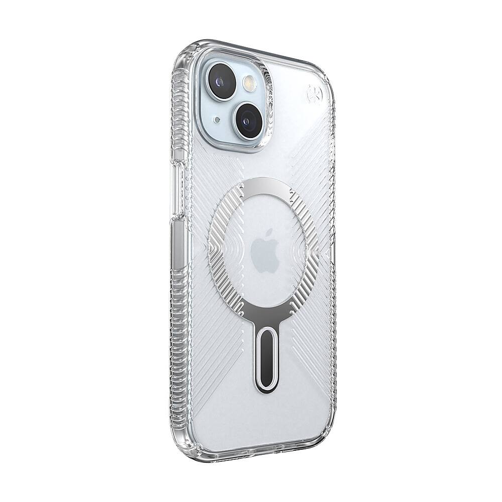 Angle. Speck - Presidio Perfect-Clear Grip ClickLock Case with MagSafe for Apple iPhone 15/14/13 - Clear/Chrome.
