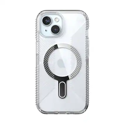 Front. Speck - Presidio Perfect-Clear Grip ClickLock Case with MagSafe for Apple iPhone 15/14/13 - Clear/Chrome.