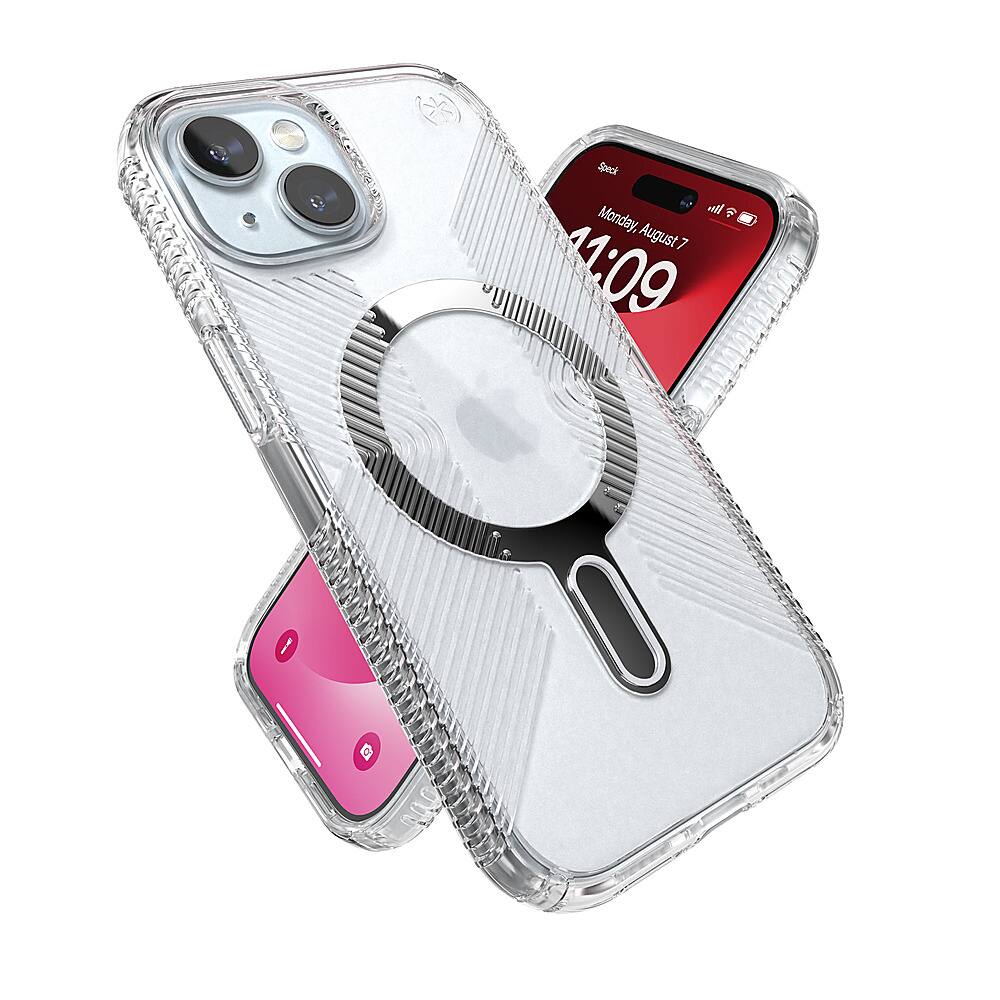 Alt View 3. Speck - Presidio Perfect-Clear Grip ClickLock Case with MagSafe for Apple iPhone 15/14/13 - Clear/Chrome.