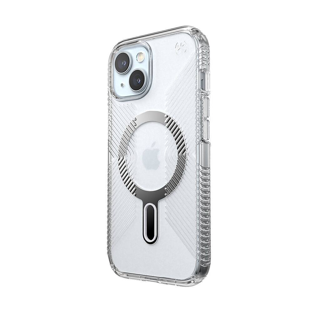 Left. Speck - Presidio Perfect-Clear Grip ClickLock Case with MagSafe for Apple iPhone 15/14/13 - Clear/Chrome.
