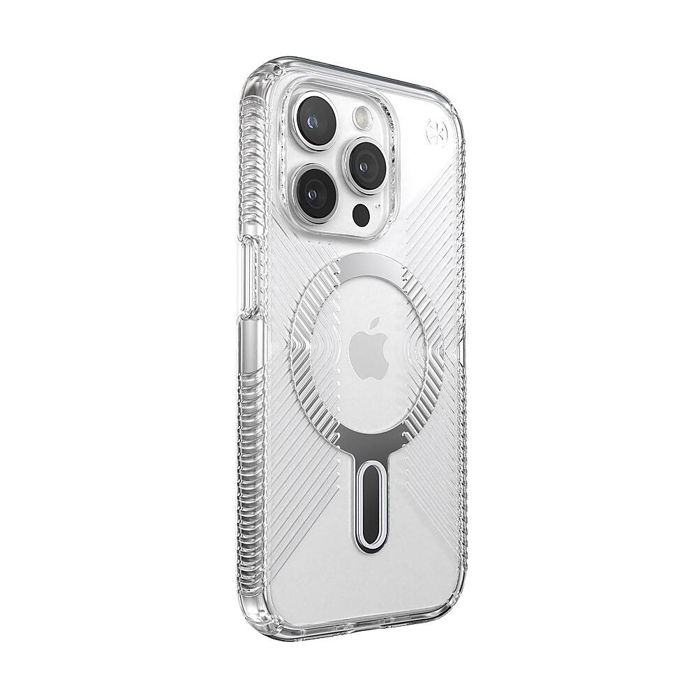 Angle. Speck - Presidio Perfect-Clear Grip ClickLock Case with MagSafe for Apple iPhone 15 Pro - Clear/Chrome.