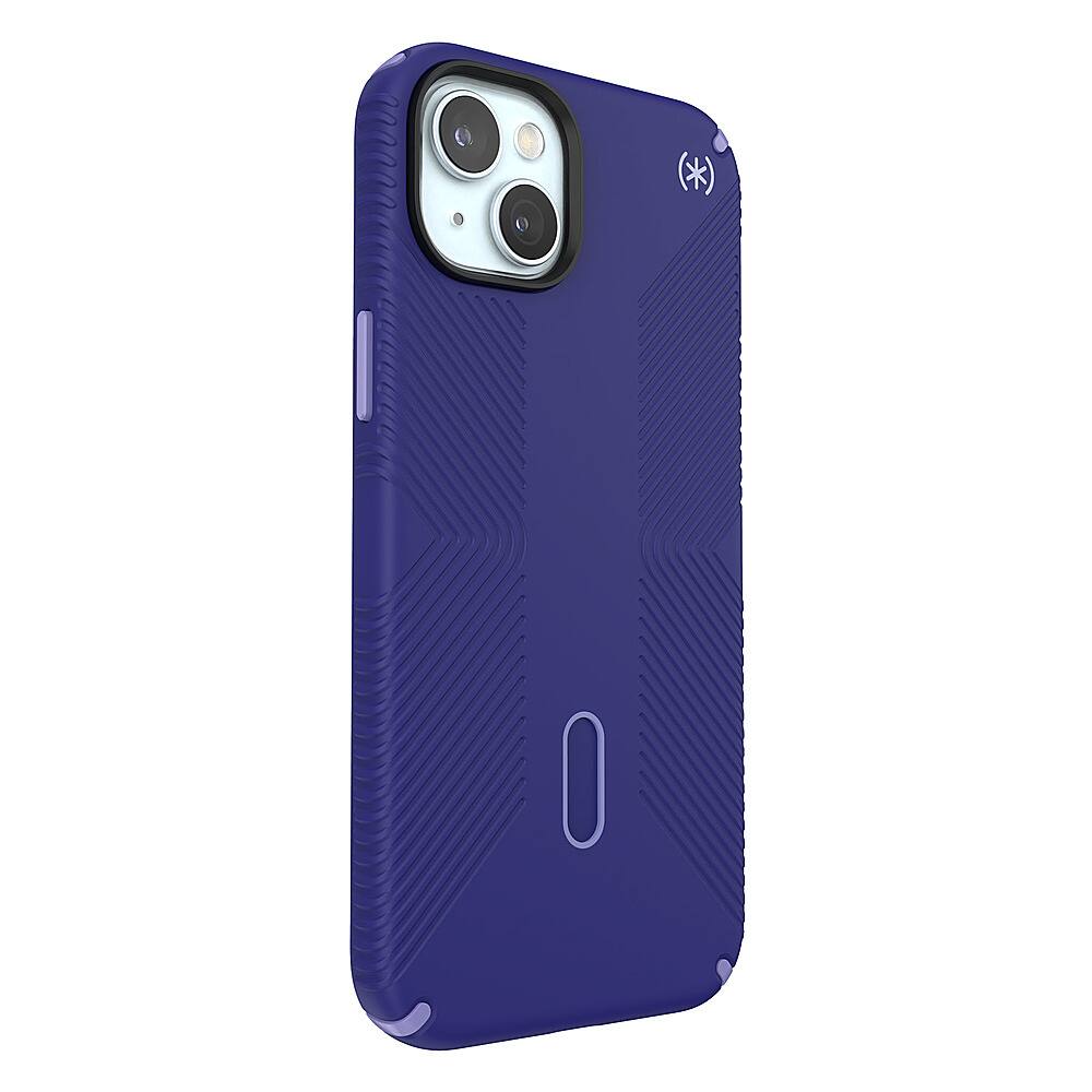 Angle. Speck - Presidio2 Grip ClickLock Case with MagSafe for Apple iPhone 15 Plus/14 Plus - Future Blue.