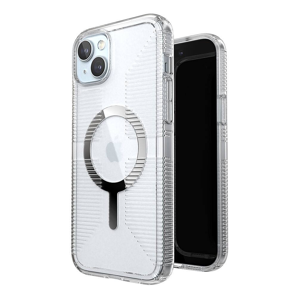 Angle. Speck - Gemshell Grip Case with MagSafe for Apple iPhone 15 Plus/14 Plus - Clear/Chrome.