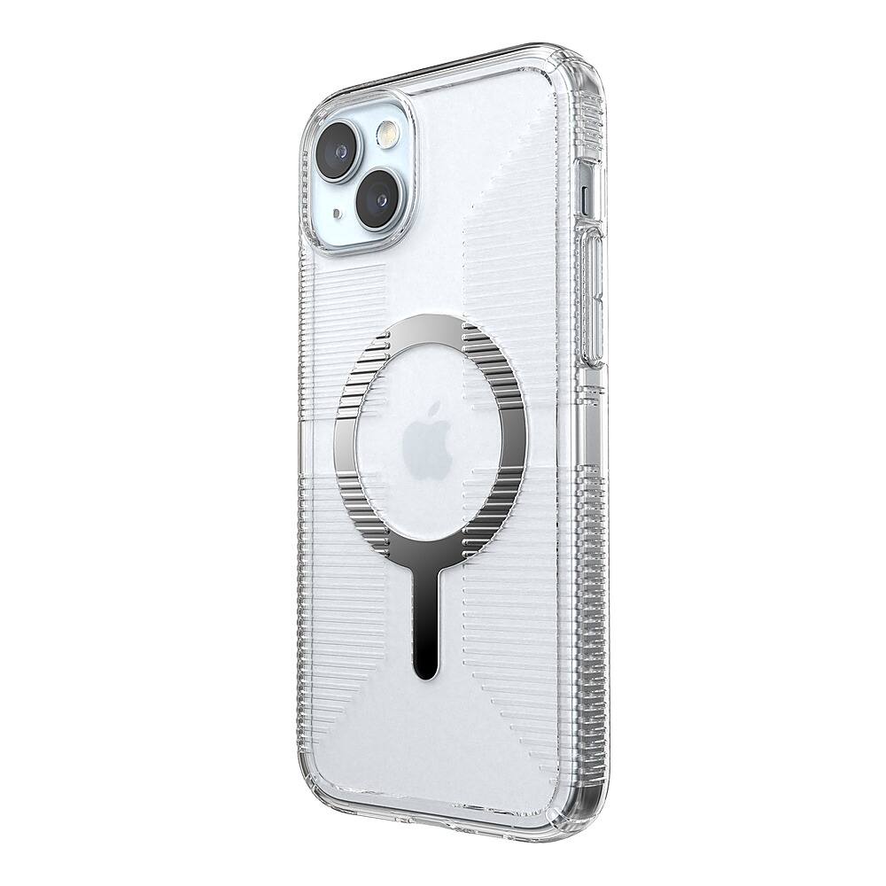 Left. Speck - Gemshell Grip Case with MagSafe for Apple iPhone 15 Plus/14 Plus - Clear/Chrome.