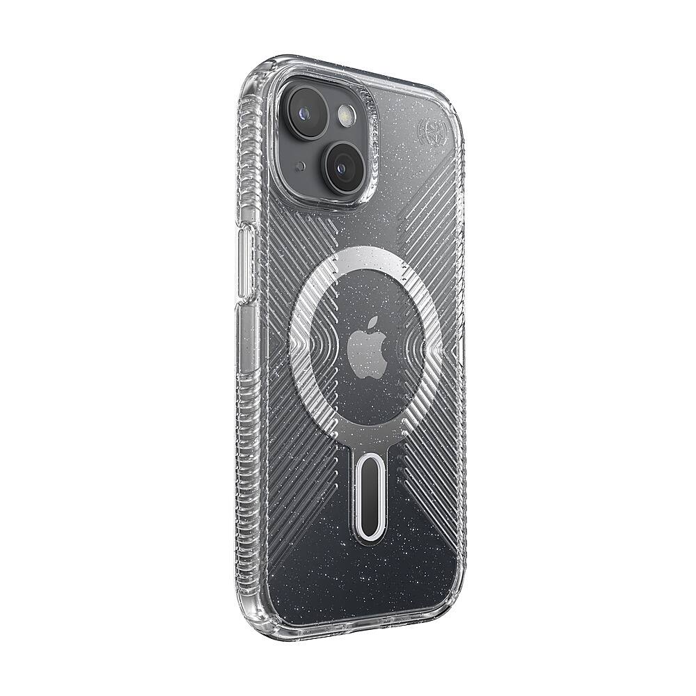 Angle. Speck - Presidio Lux Grip ClickLock Case with MagSafe for Apple iPhone 15/14/13 - Clear/Glitter.