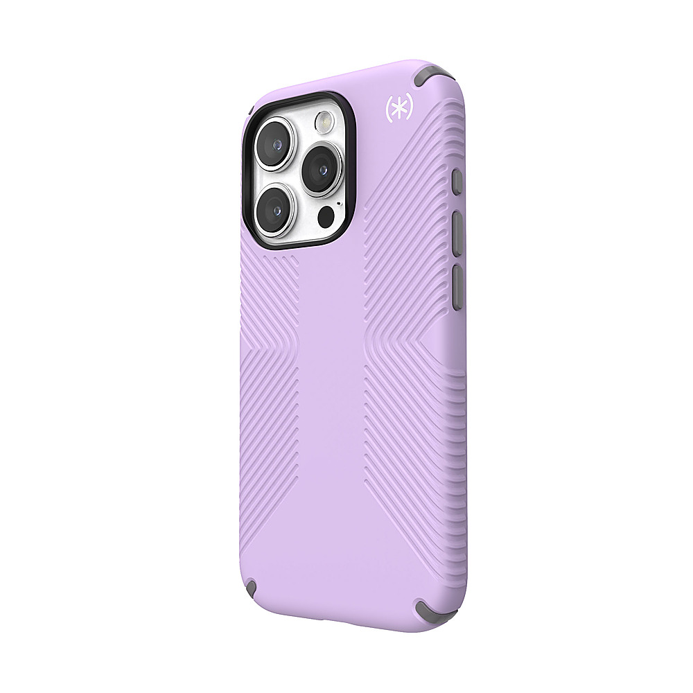 Left View: Speck - Presidio2 Grip Case with MagSafe for Apple iPhone 15 Pro - Spring Purple