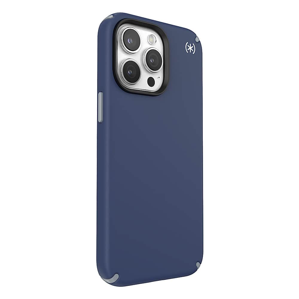 Angle. Speck - Presidio2 Pro Case with MagSafe for Apple iPhone 15 Pro Max, 13 ft Drop Protection, Soft with Extra Grip - Coastal Blue.