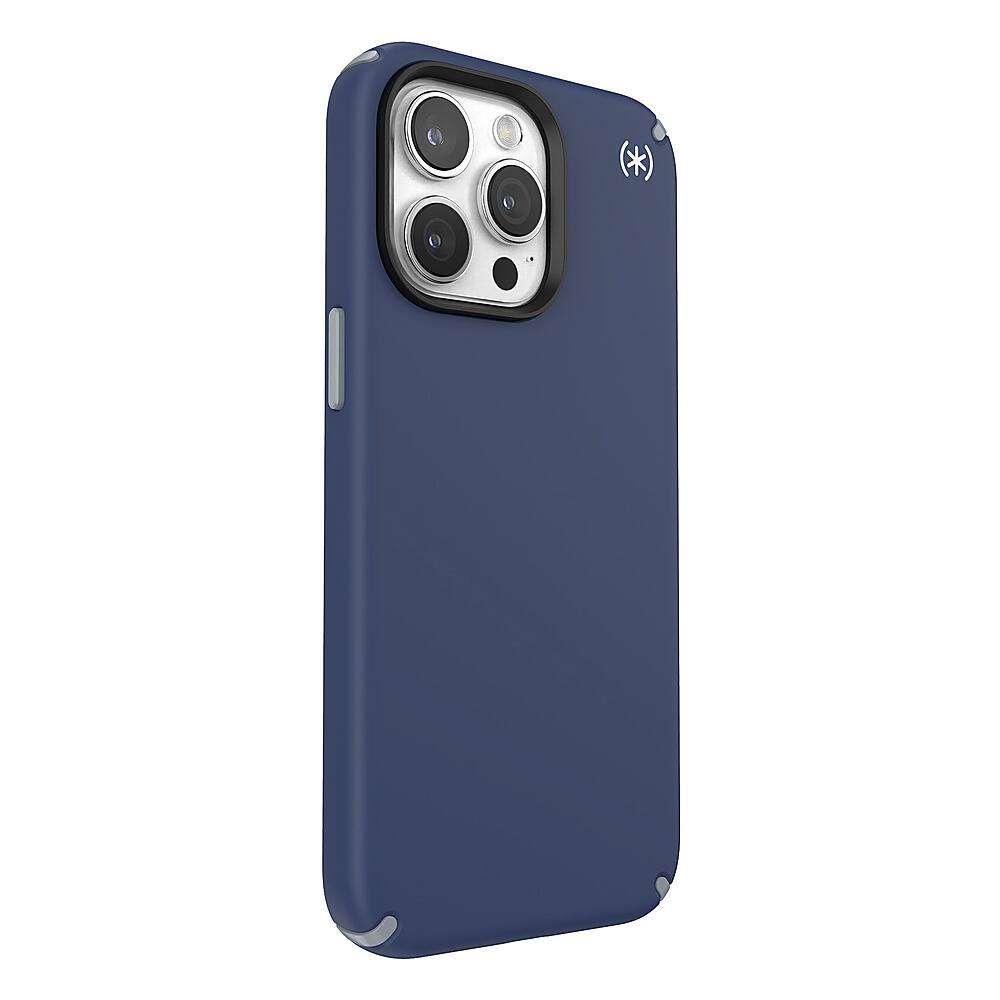 Angle. Speck - Presidio2 Pro Case with MagSafe for Apple iPhone 15 Pro Max, 13 ft Drop Protection, Soft with Extra Grip - Coastal Blue.