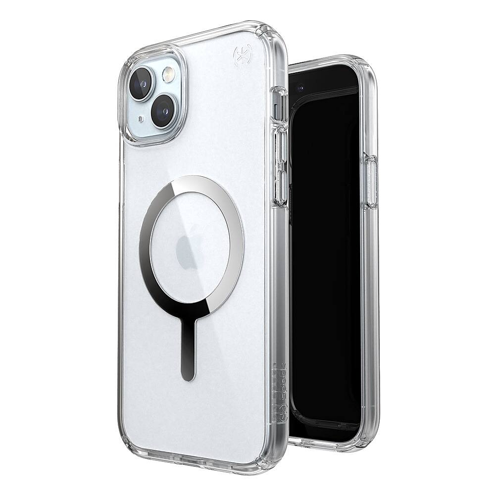Angle. Speck - Presidio Perfect-Clear Case with MagSafe for Apple iPhone 15/14 Plus, Wireless Charging, 13ft Drop Protection - Clear/Chrome.