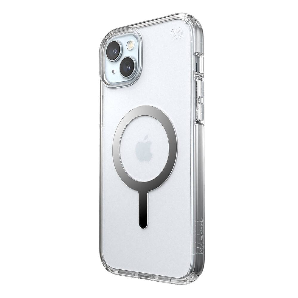 Left. Speck - Presidio Perfect-Clear Case with MagSafe for Apple iPhone 15 Plus/14 Plus - Clear/Chrome.