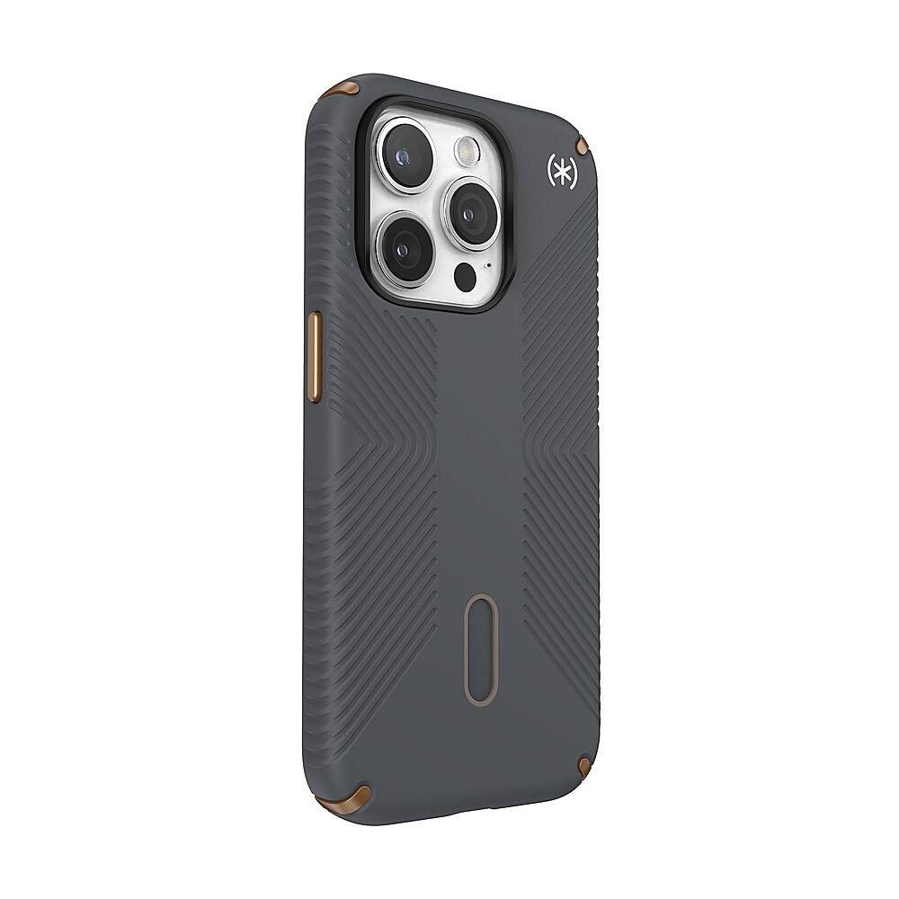 Angle. Speck - Presidio2 Grip ClickLock Case with MagSafe for Apple iPhone 15 Pro - Charcoal Gray.
