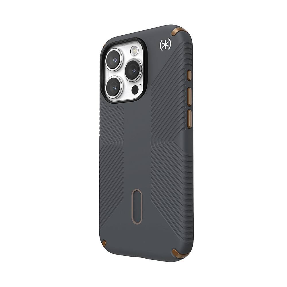 Left. Speck - Presidio2 Grip ClickLock Case with MagSafe for Apple iPhone 15 Pro - Charcoal Gray.