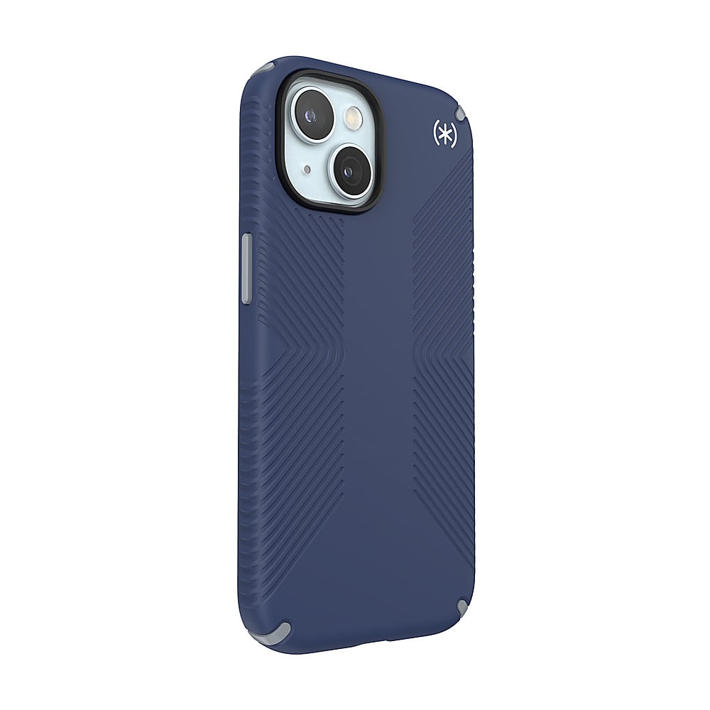 Angle. Speck - Presidio2 Grip Case with MagSafe for Apple iPhone 15/14/13 - Coastal Blue.