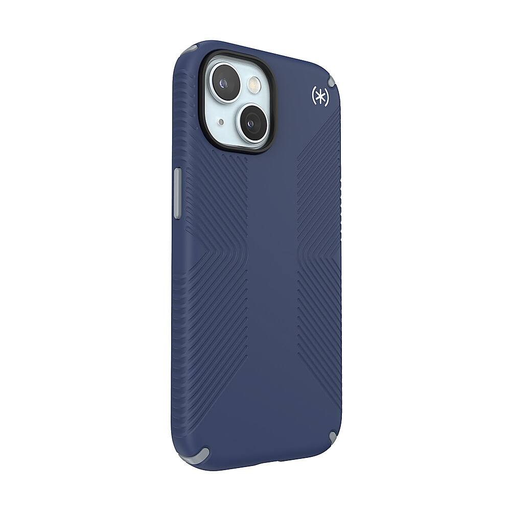 Angle. Speck - Presidio2 Grip Case with MagSafe for Apple iPhone 15/14/13 - Coastal Blue.