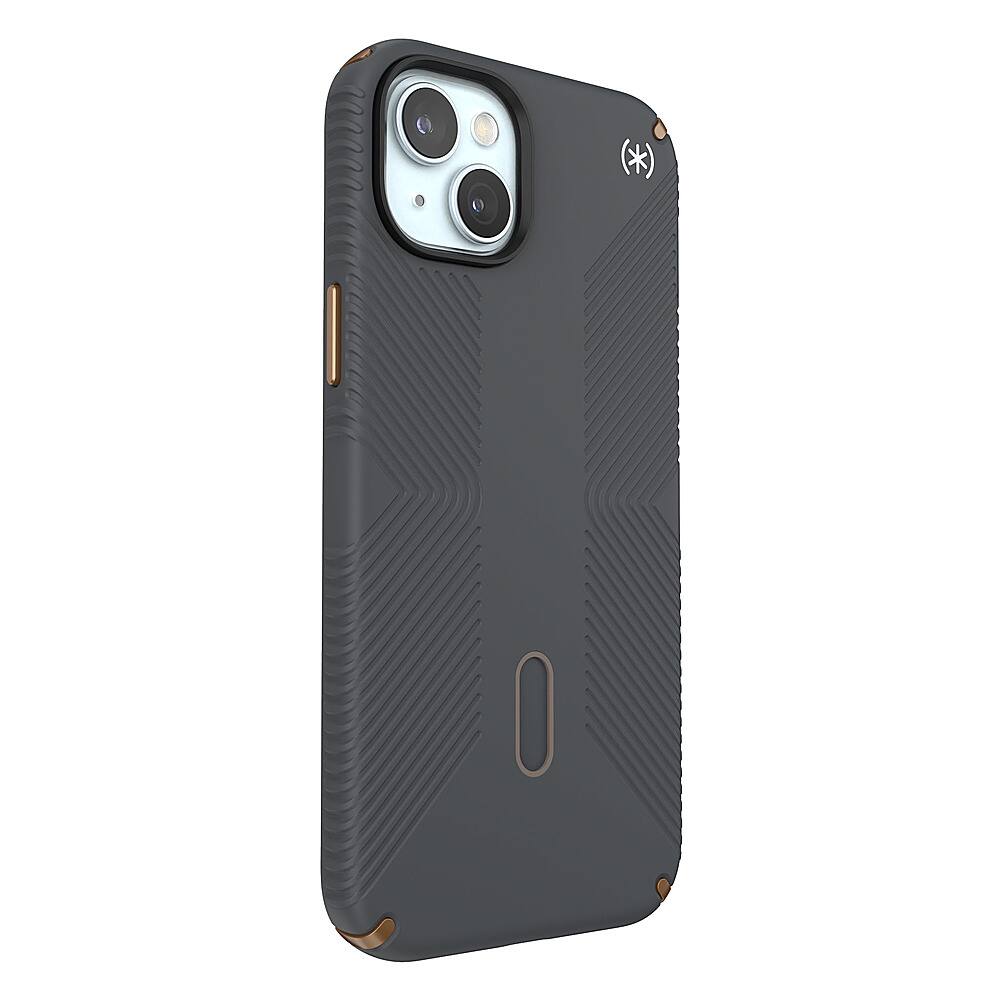 Angle. Speck - Presidio2 Grip ClickLock Case with MagSafe for Apple iPhone 15 Plus/14 Plus - Charcoal Gray.