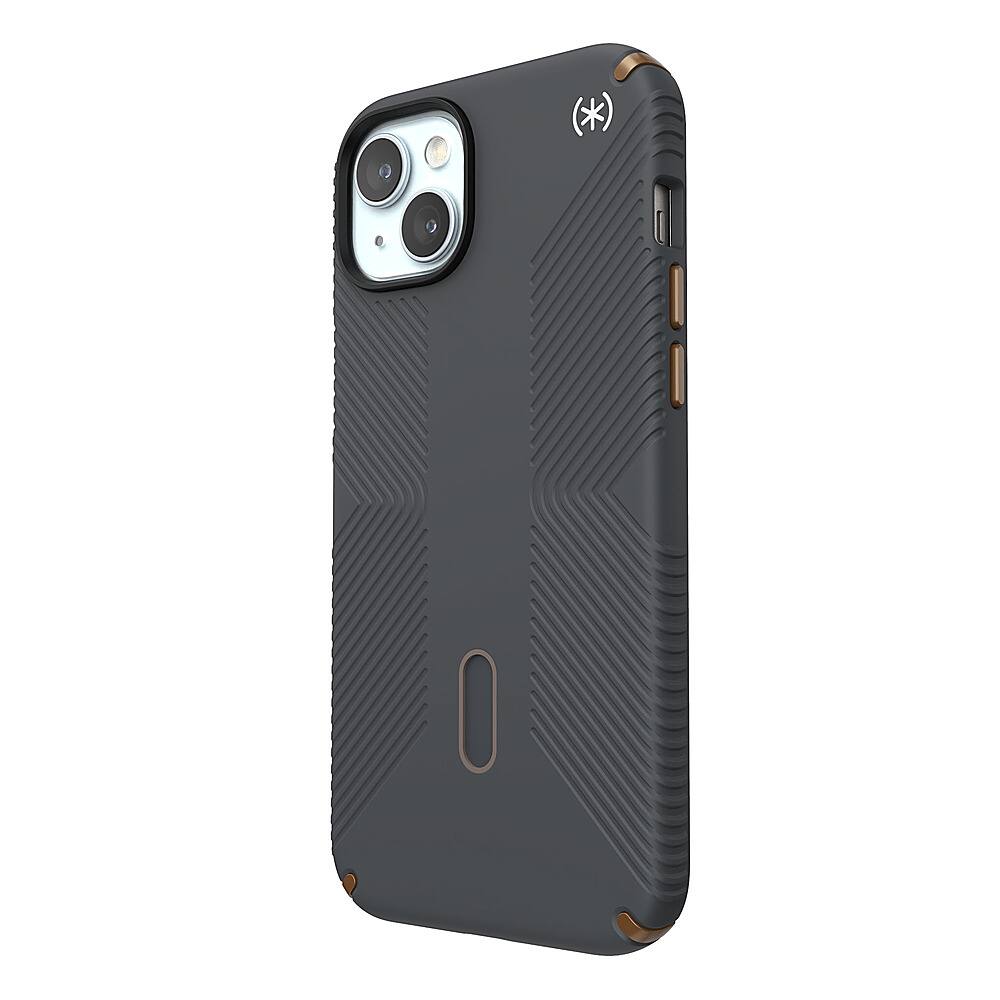 Left. Speck - Presidio2 Grip ClickLock Case with MagSafe for Apple iPhone 15 Plus/14 Plus - Charcoal Gray.