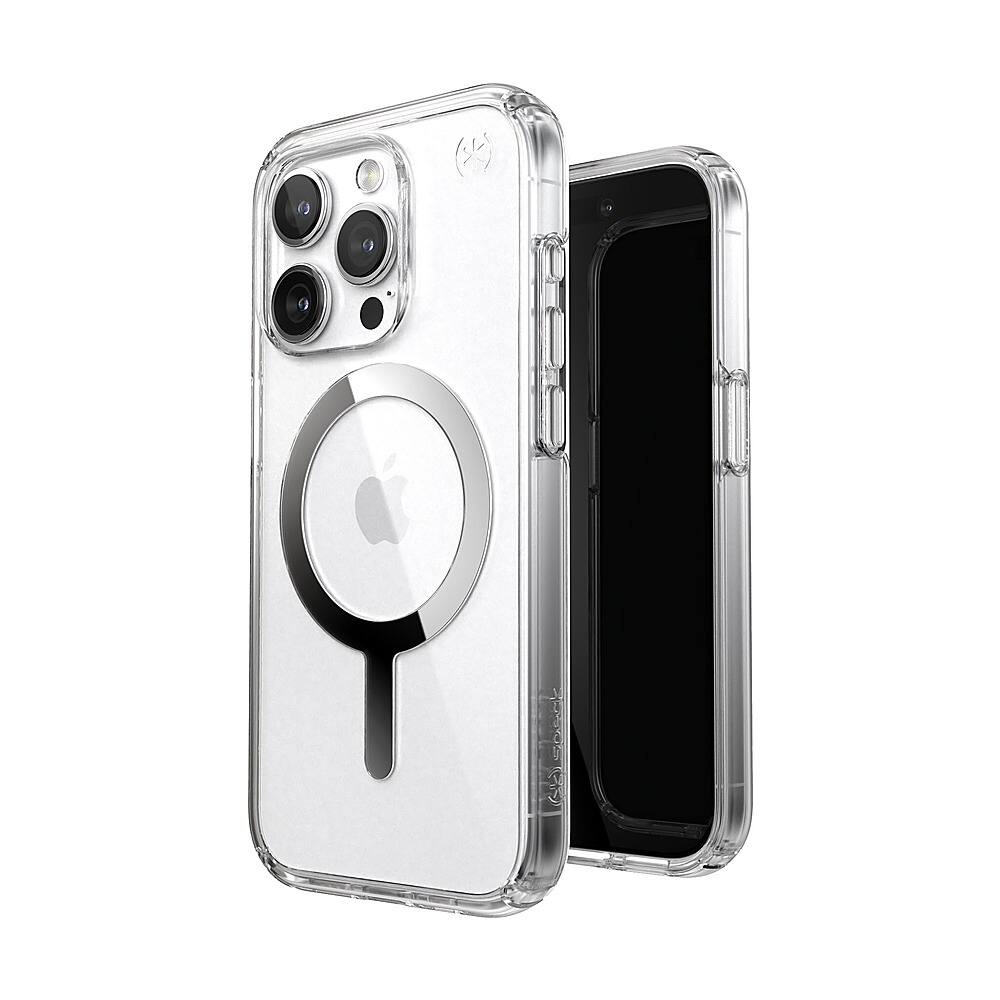 Angle. Speck - Presidio Perfect-Clear Case with MagSafe for Apple iPhone 15 Pro - Clear/Chrome.