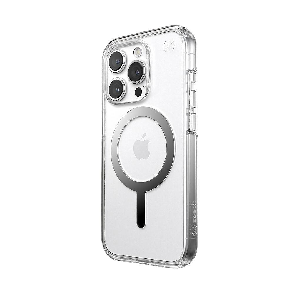 Left. Speck - Presidio Perfect-Clear Case with MagSafe for Apple iPhone 15 Pro - Clear/Chrome.